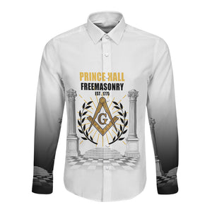 Personalized Prince Hall Freemasonry Long Sleeve Button Shirt Masonic Square And Compass Vintage Gold Pillar Illustration