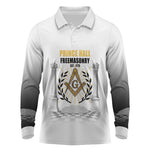Personalized Prince Hall Freemasonry Long Sleeve Polo Shirt Masonic Square And Compass Vintage Gold Pillar Illustration