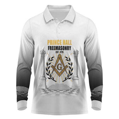 Personalized Prince Hall Freemasonry Long Sleeve Polo Shirt Masonic Square And Compass Vintage Gold Pillar Illustration