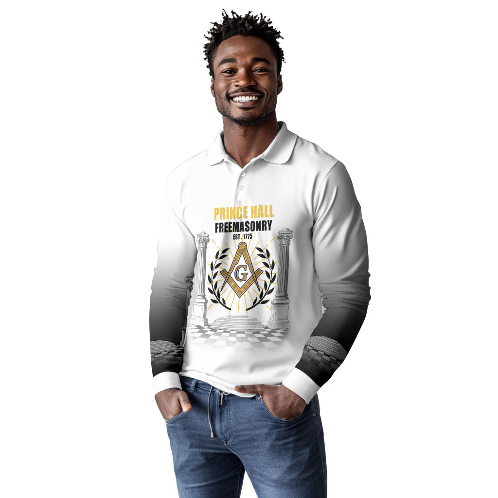 Personalized Prince Hall Freemasonry Long Sleeve Polo Shirt Masonic Square And Compass Vintage Gold Pillar Illustration
