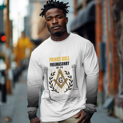 Personalized Prince Hall Freemasonry Long Sleeve Shirt Masonic Square And Compass Vintage Gold Pillar Illustration