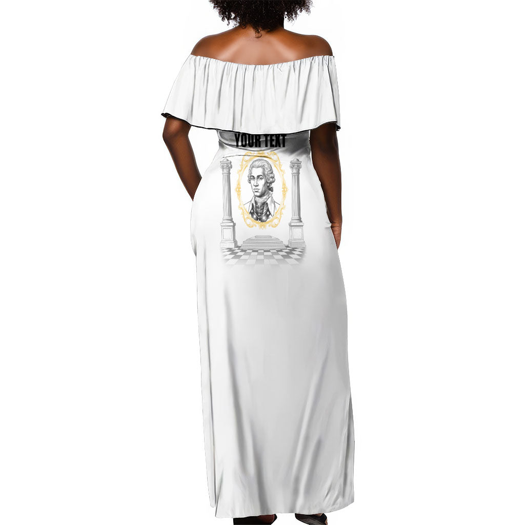 Personalized Prince Hall Freemasonry Off Shoulder Maxi Dress Masonic Square And Compass Vintage Gold Pillar Illustration