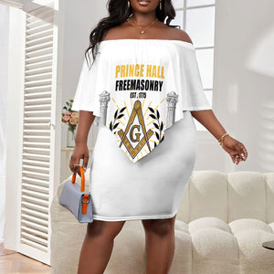 Personalized Prince Hall Freemasonry Off Shoulder Short Dress Masonic Square And Compass Vintage Gold Pillar Illustration