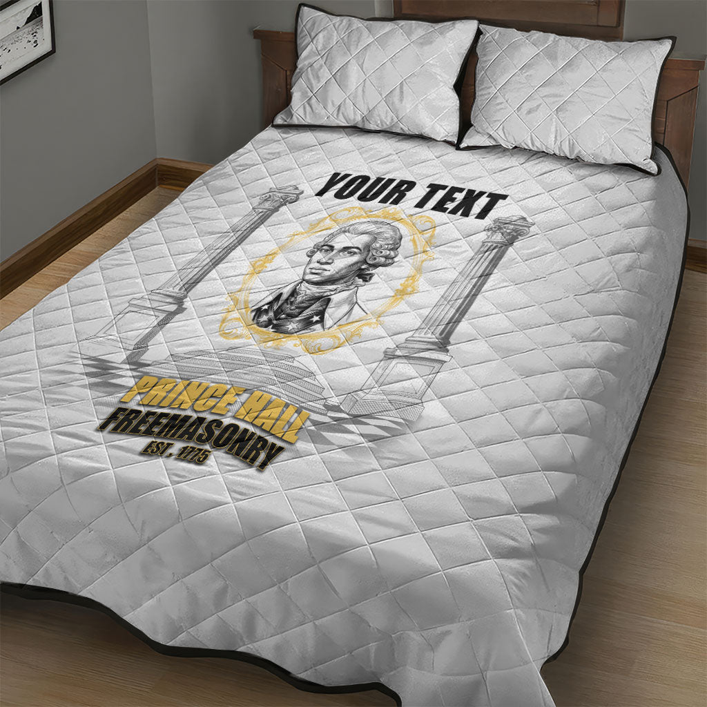 Personalized Prince Hall Freemasonry Quilt Bed Set Masonic Square And Compass Vintage Gold Pillar Illustration