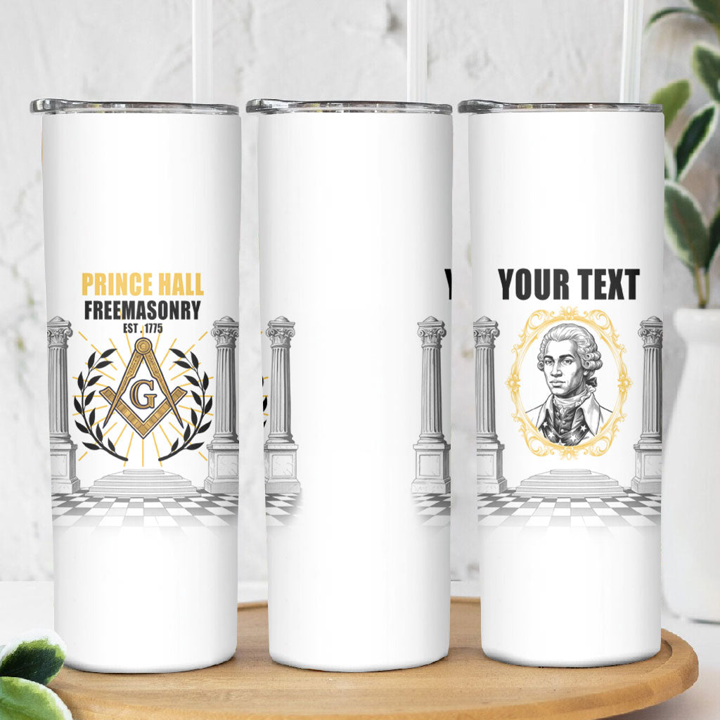 Personalized Prince Hall Freemasonry Skinny Tumbler Masonic Square And Compass Vintage Gold Pillar Illustration