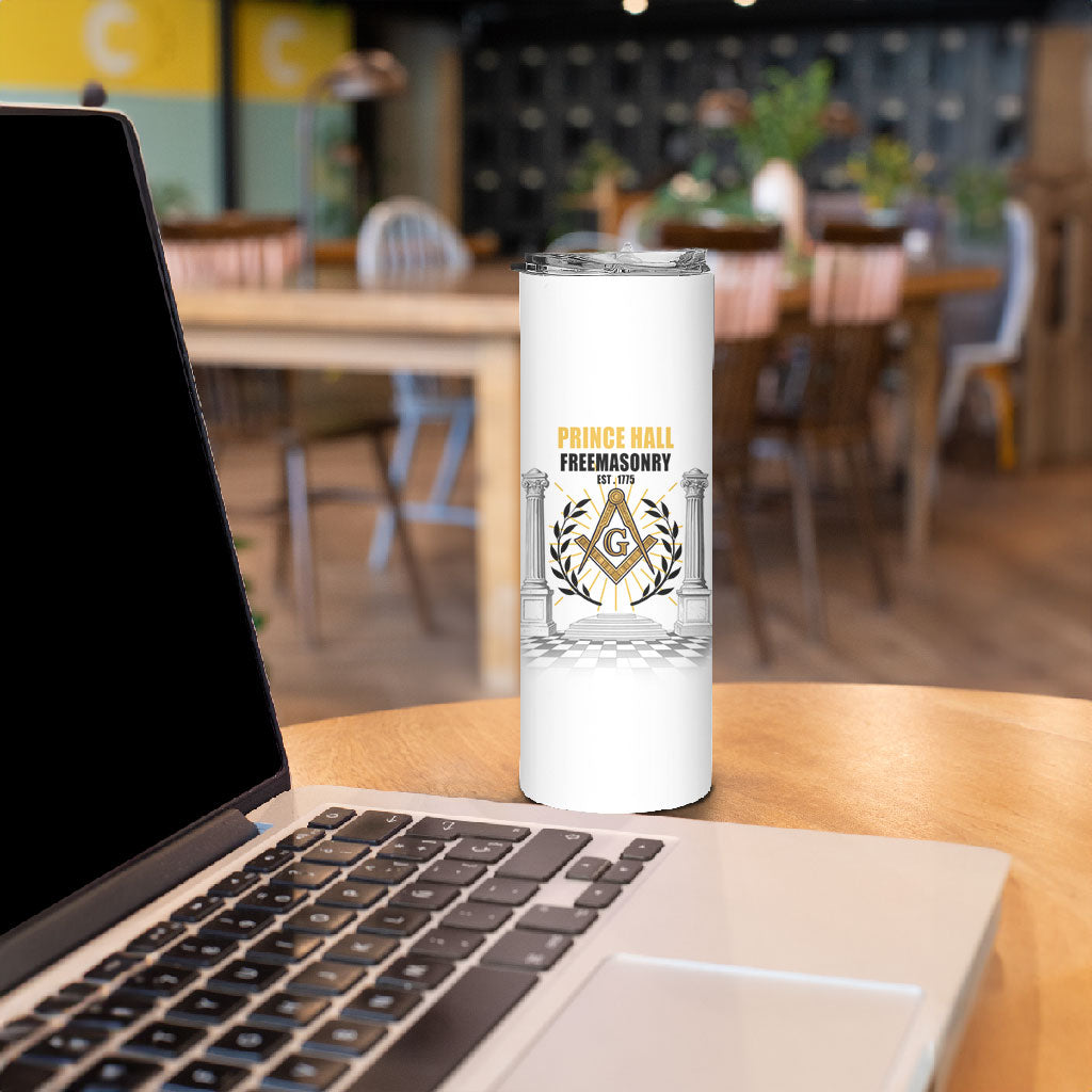 Personalized Prince Hall Freemasonry Skinny Tumbler Masonic Square And Compass Vintage Gold Pillar Illustration