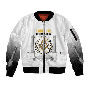 Personalized Prince Hall Freemasonry Sleeve Zip Bomber Jacket Masonic Square And Compass Vintage Gold Pillar Illustration