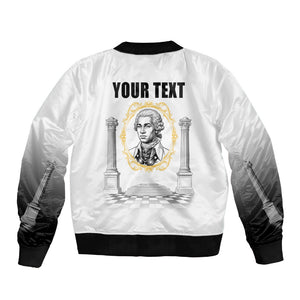 Personalized Prince Hall Freemasonry Sleeve Zip Bomber Jacket Masonic Square And Compass Vintage Gold Pillar Illustration