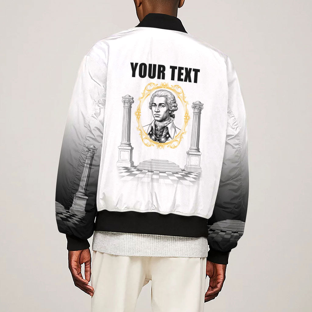 Personalized Prince Hall Freemasonry Sleeve Zip Bomber Jacket Masonic Square And Compass Vintage Gold Pillar Illustration