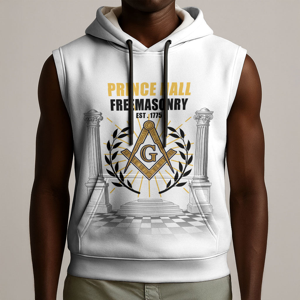 Personalized Prince Hall Freemasonry Sleeveless Hoodie Masonic Square And Compass Vintage Gold Pillar Illustration