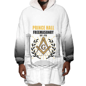 Personalized Prince Hall Freemasonry Wearable Blanket Hoodie Masonic Square And Compass Vintage Gold Pillar Illustration