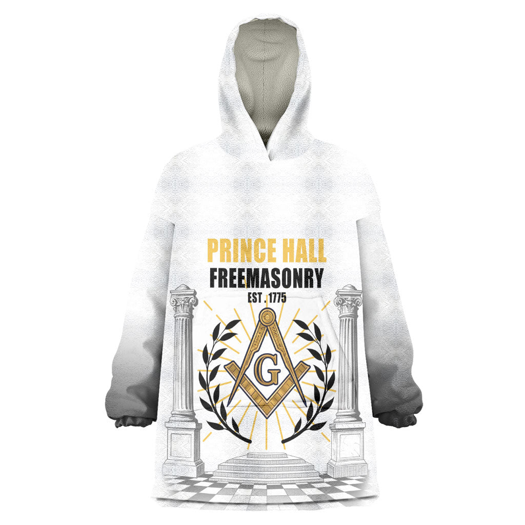 Personalized Prince Hall Freemasonry Wearable Blanket Hoodie Masonic Square And Compass Vintage Gold Pillar Illustration