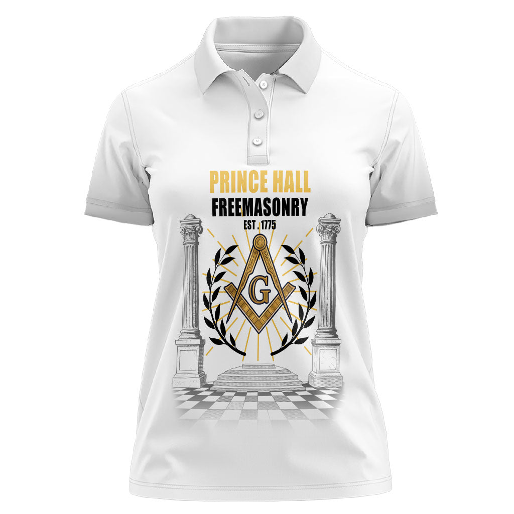 Personalized Prince Hall Freemasonry Women Polo Shirt Masonic Square And Compass Vintage Gold Pillar Illustration
