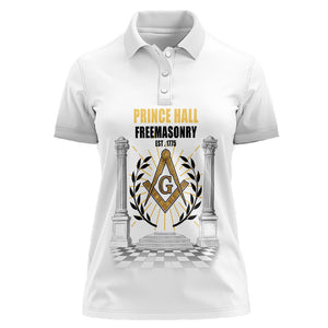 Personalized Prince Hall Freemasonry Women Polo Shirt Masonic Square And Compass Vintage Gold Pillar Illustration