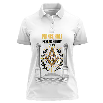 Personalized Prince Hall Freemasonry Women Polo Shirt Masonic Square And Compass Vintage Gold Pillar Illustration