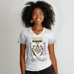 Personalized Prince Hall Freemasonry Women V-Neck T-Shirt Masonic Square And Compass Vintage Gold Pillar Illustration