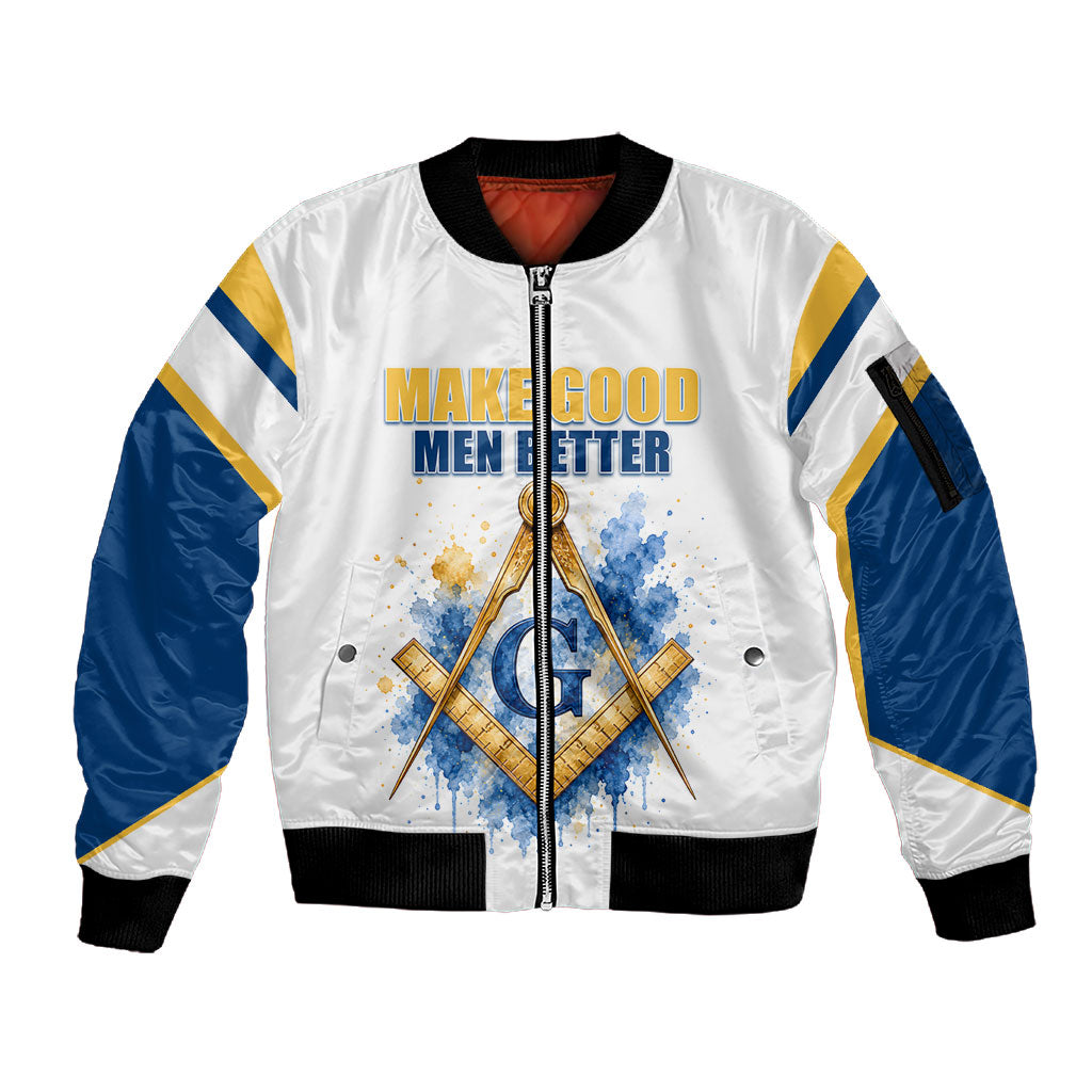 Prince Hall Freemasonry Sleeve Zip Bomber Jacket Square And Compass Letter G Watercolor Portrait Art