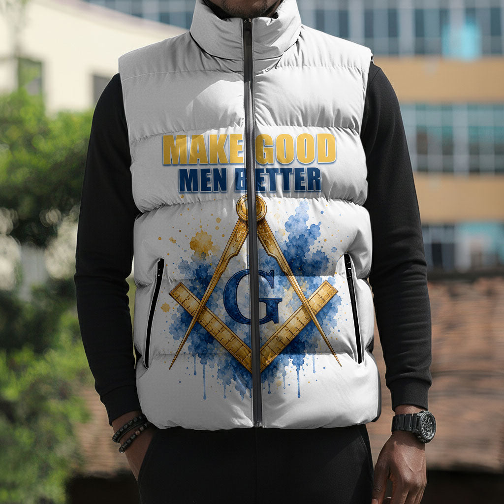 Prince Hall Freemasonry Sleeveless Puffer Jacket Square And Compass Letter G Watercolor Portrait Art