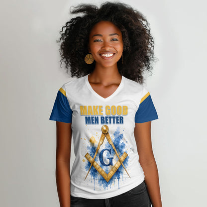 Prince Hall Freemasonry Women V-Neck T-Shirt Square And Compass Letter G Watercolor Portrait Art