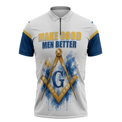Prince Hall Freemasonry Zipper Polo Shirt Square And Compass Letter G Watercolor Portrait Art
