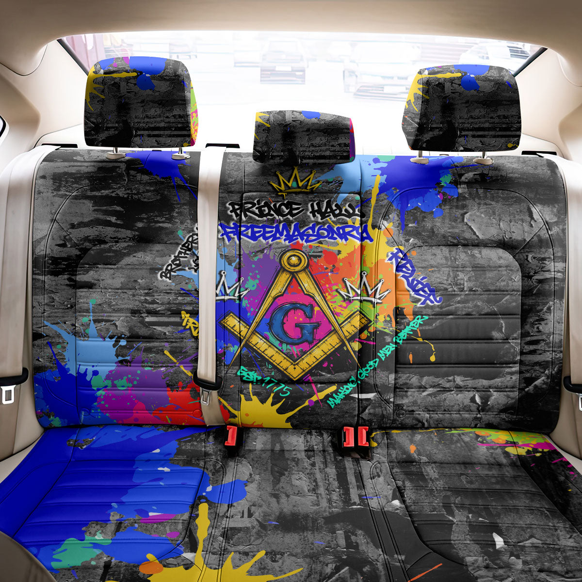 Prince Hall Freemasonry Back Car Seat Cover Colorful Graffiti Paint Splatter On Urban Stone Wall