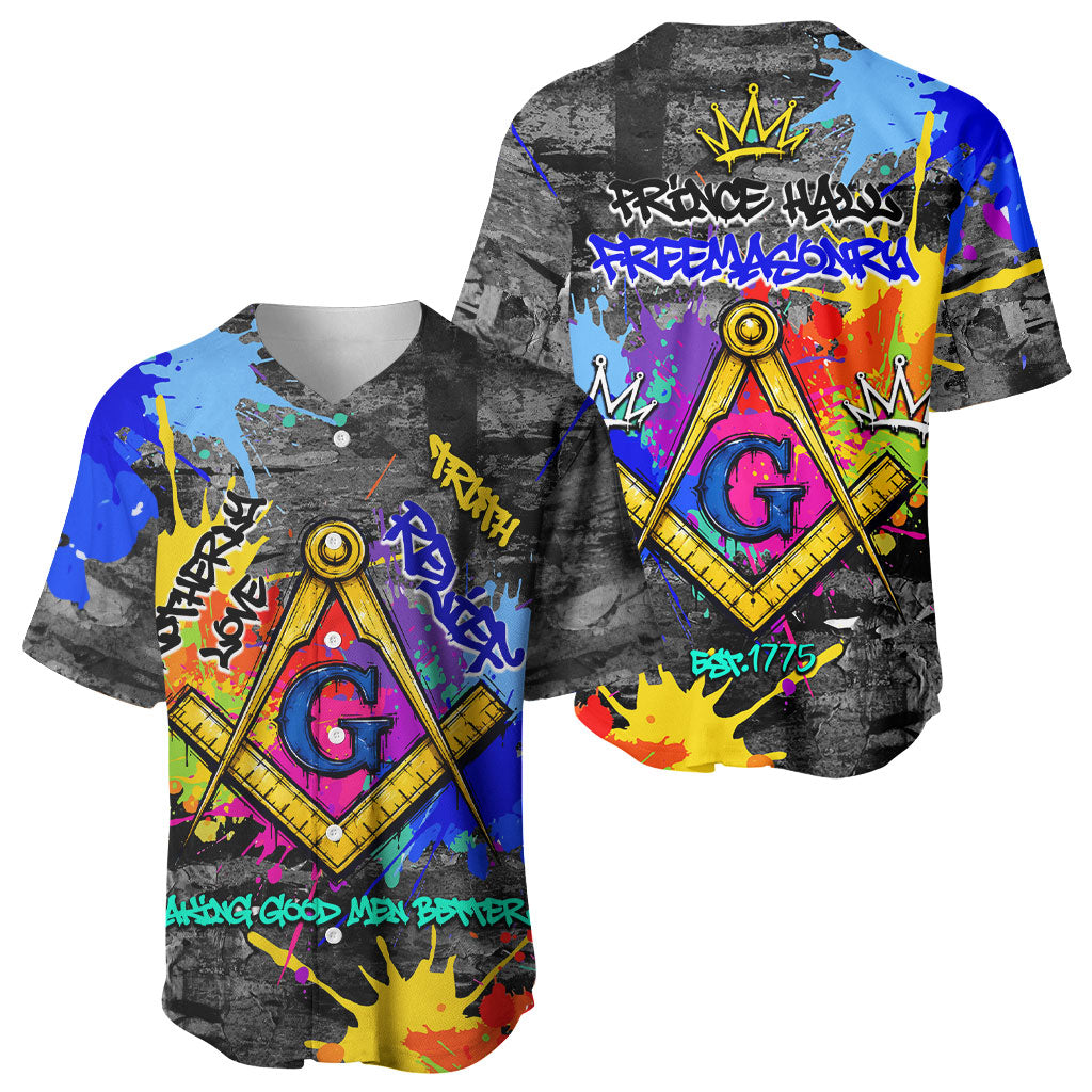 Prince Hall Freemasonry Baseball Jersey Colorful Graffiti Paint Splatter On Urban Stone Wall