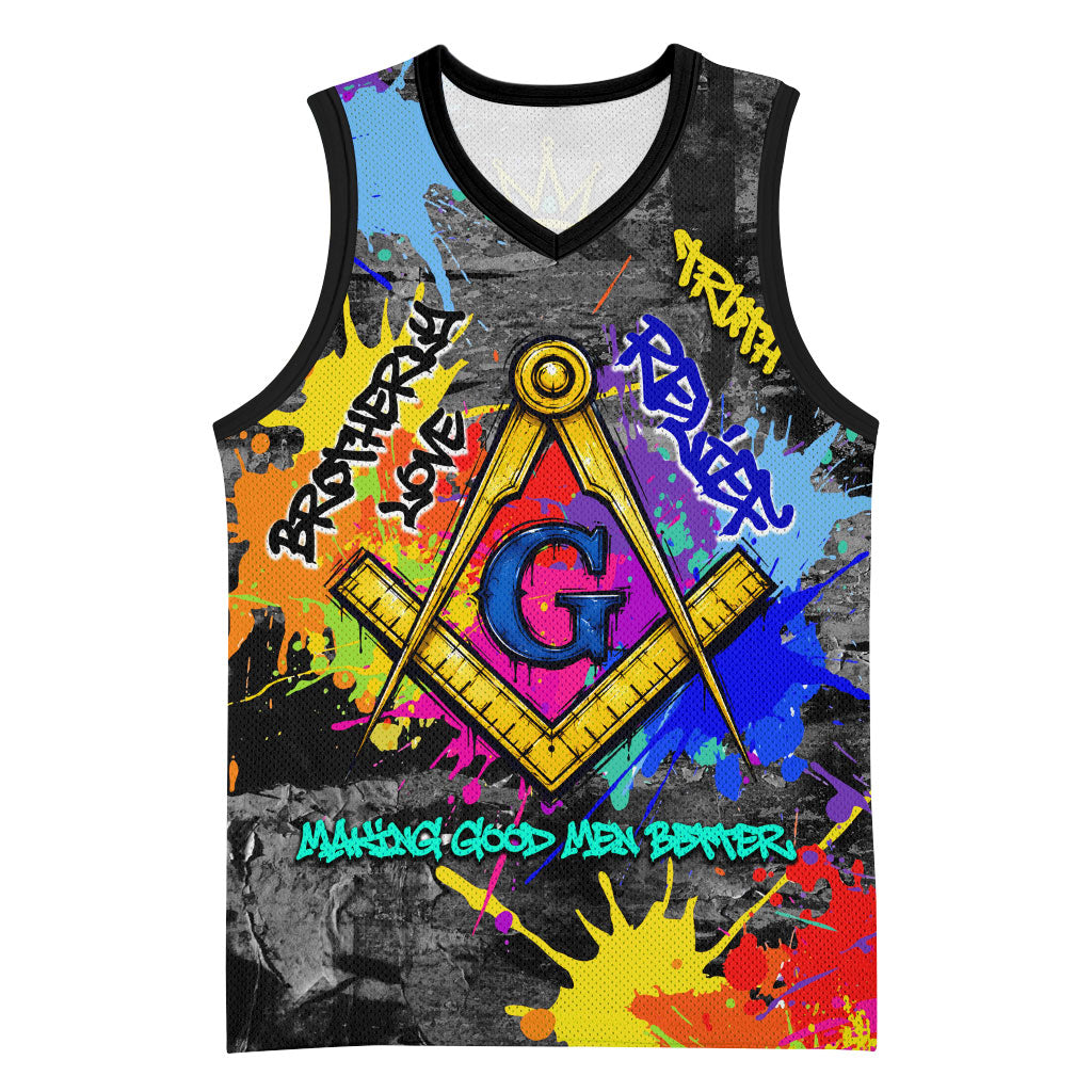 Prince Hall Freemasonry Basketball Jersey Colorful Graffiti Paint Splatter On Urban Stone Wall