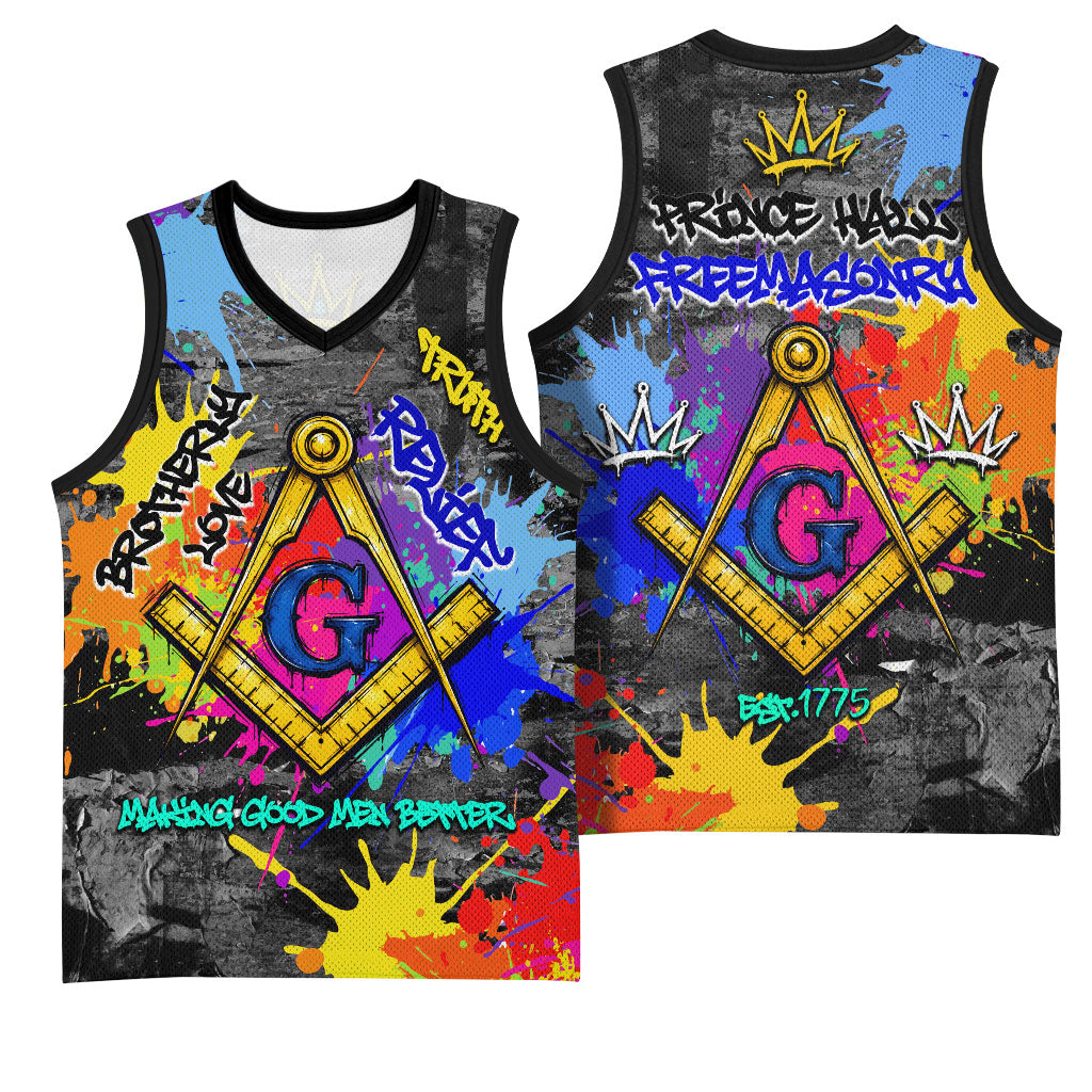 Prince Hall Freemasonry Basketball Jersey Colorful Graffiti Paint Splatter On Urban Stone Wall