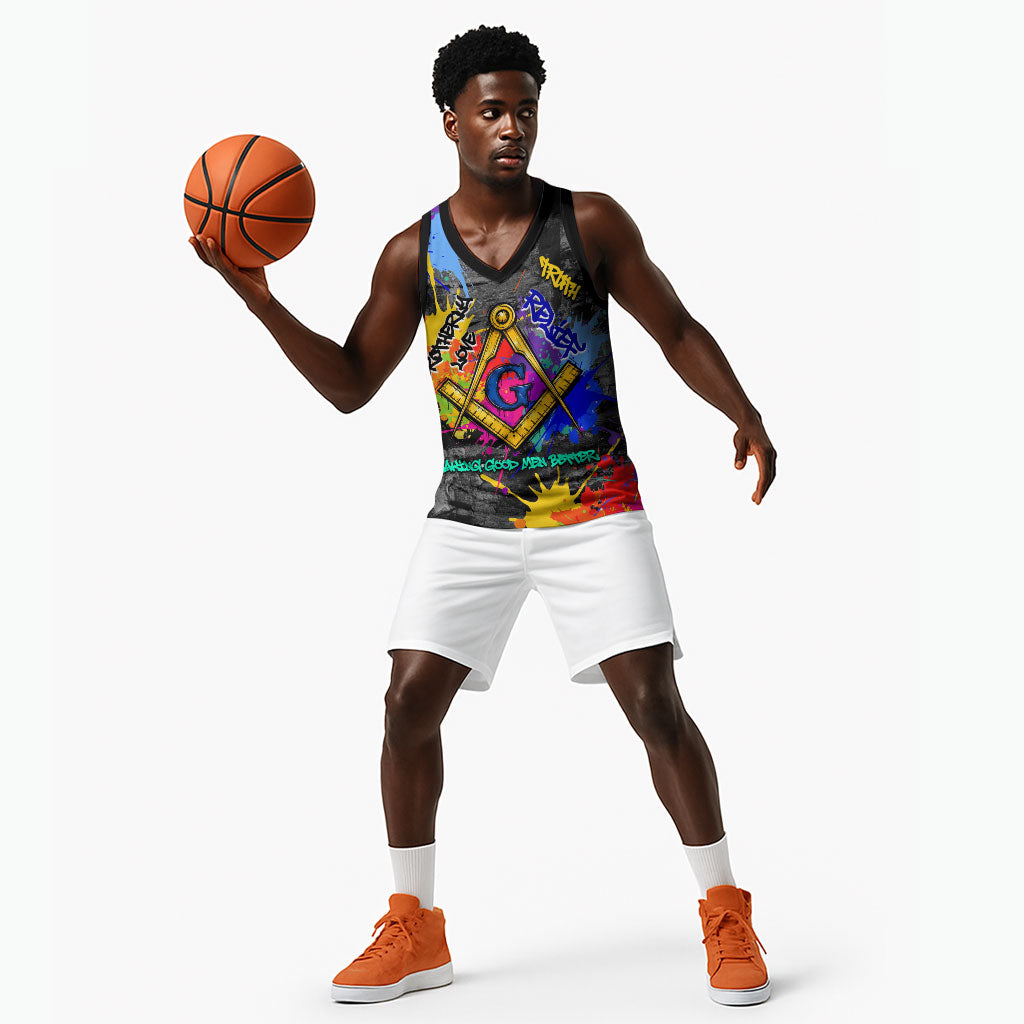 Prince Hall Freemasonry Basketball Jersey Colorful Graffiti Paint Splatter On Urban Stone Wall