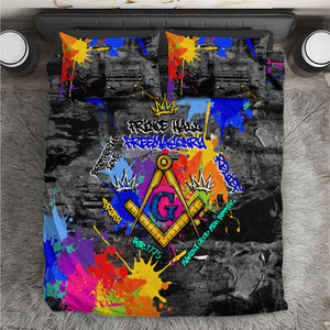 Prince Hall Freemasonry Bedding Set Colorful Graffiti Paint Splatter On Urban Stone Wall