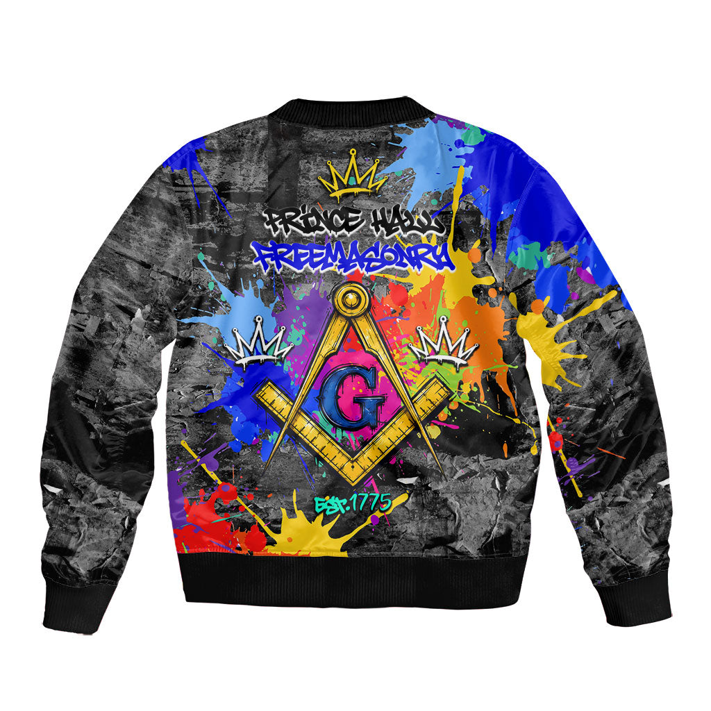 Prince Hall Freemasonry Bomber Jacket Colorful Graffiti Paint Splatter On Urban Stone Wall