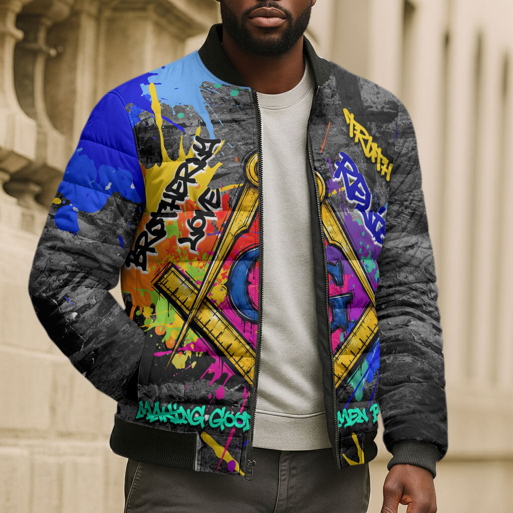 Prince Hall Freemasonry Bomber Puffer Jacket Colorful Graffiti Paint Splatter On Urban Stone Wall