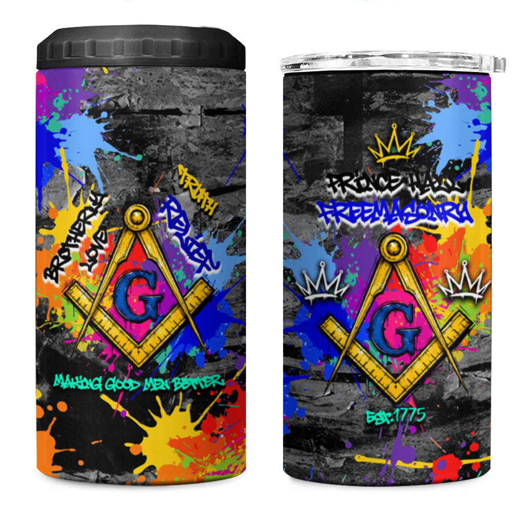 Prince Hall Freemasonry 4 in 1 Can Cooler Tumbler Colorful Graffiti Paint Splatter On Urban Stone Wall