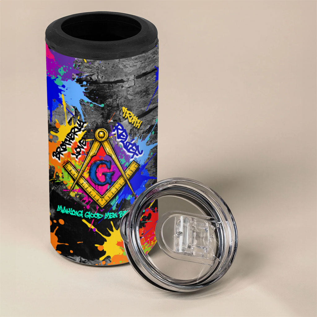 Prince Hall Freemasonry 4 in 1 Can Cooler Tumbler Colorful Graffiti Paint Splatter On Urban Stone Wall