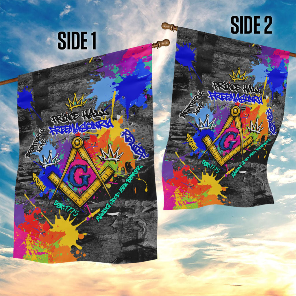 Prince Hall Freemasonry Garden Flag Colorful Graffiti Paint Splatter On Urban Stone Wall