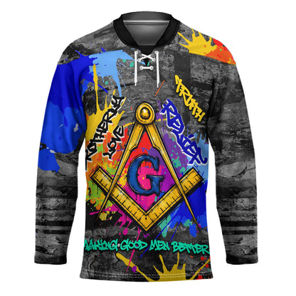 Prince Hall Freemasonry Hockey Jersey Colorful Graffiti Paint Splatter On Urban Stone Wall