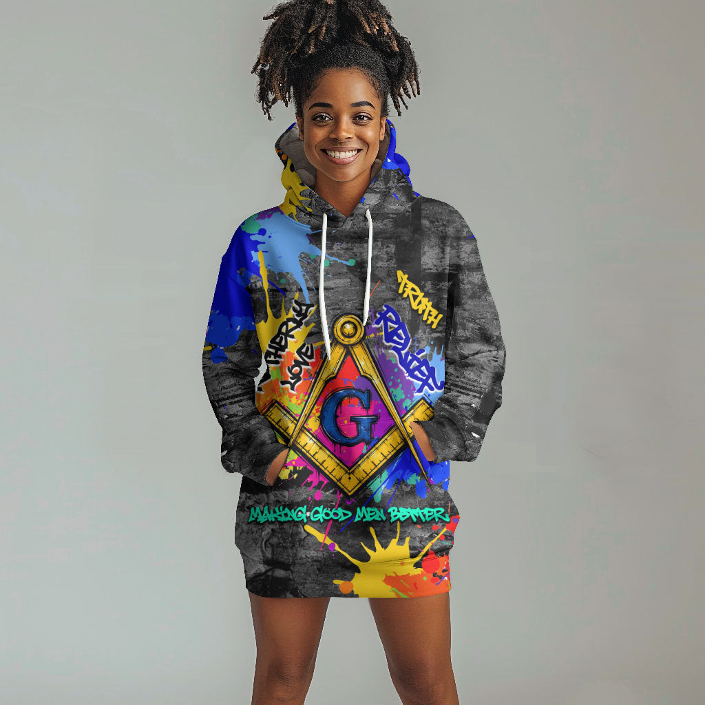 Prince Hall Freemasonry Hoodie Dress Colorful Graffiti Paint Splatter On Urban Stone Wall