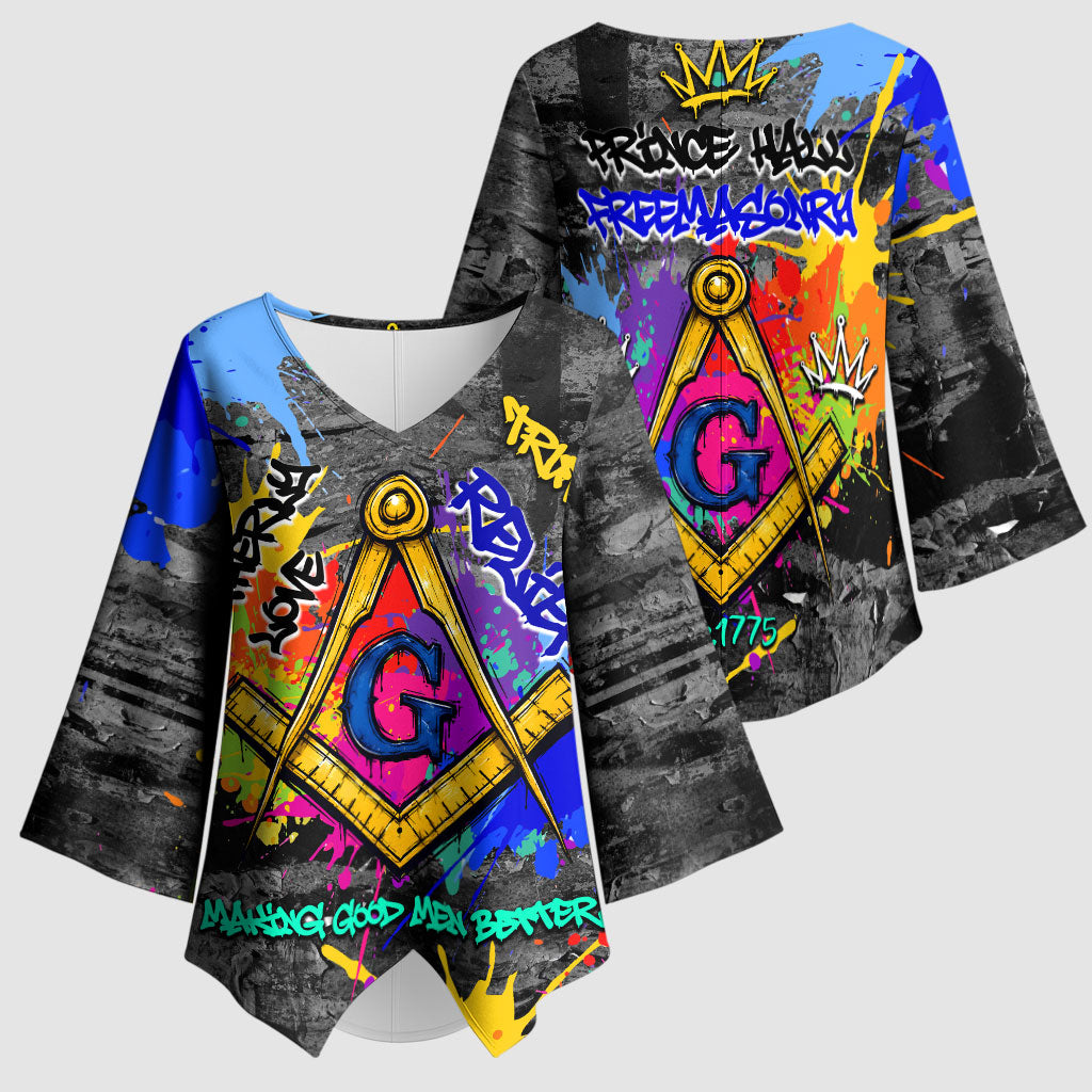 Prince Hall Freemasonry Kimono Sleeve Blouse Colorful Graffiti Paint Splatter On Urban Stone Wall