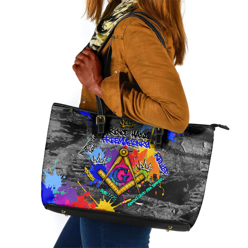 Prince Hall Freemasonry Leather Tote Bag Colorful Graffiti Paint Splatter On Urban Stone Wall