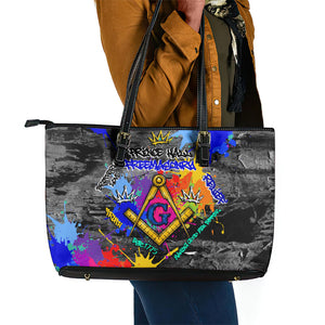 Prince Hall Freemasonry Leather Tote Bag Colorful Graffiti Paint Splatter On Urban Stone Wall