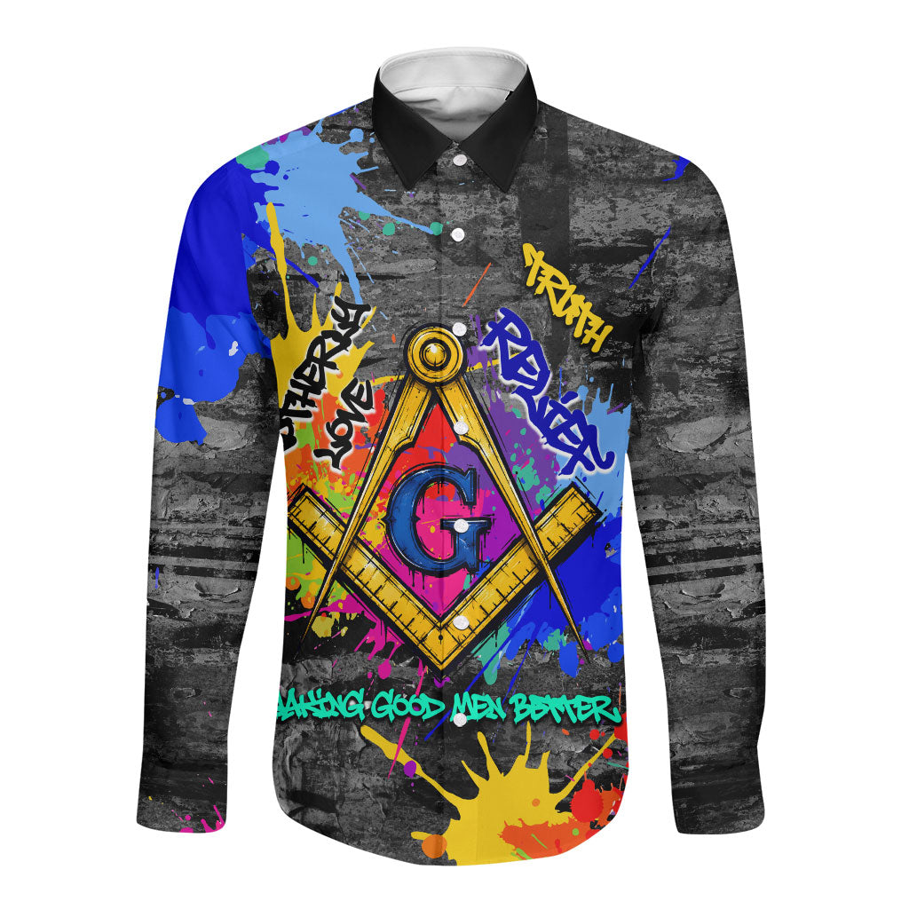Prince Hall Freemasonry Long Sleeve Button Shirt Colorful Graffiti Paint Splatter On Urban Stone Wall