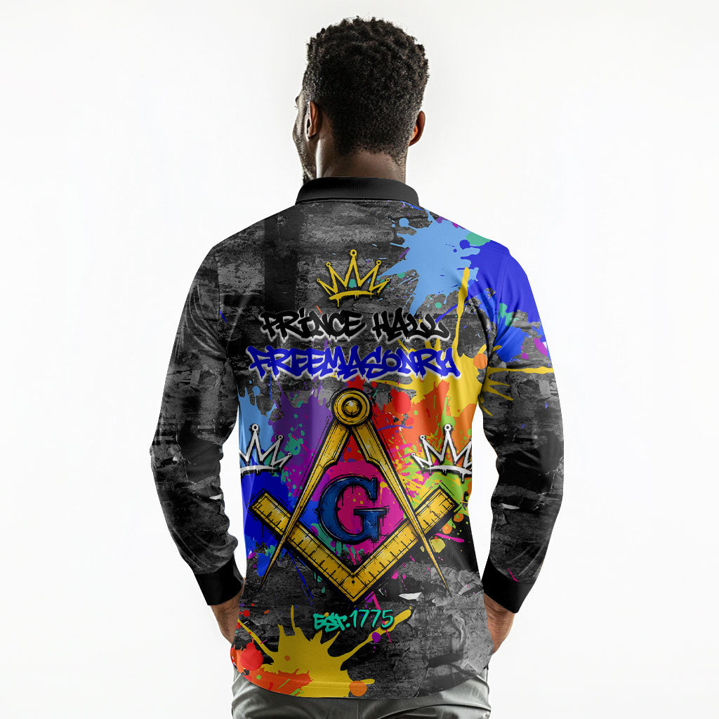 Prince Hall Freemasonry Long Sleeve Polo Shirt Colorful Graffiti Paint Splatter On Urban Stone Wall