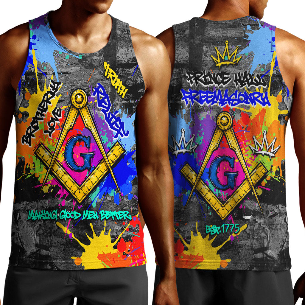 Prince Hall Freemasonry Men Tank Top Colorful Graffiti Paint Splatter On Urban Stone Wall