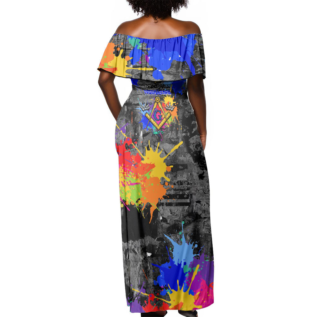 Prince Hall Freemasonry Off Shoulder Maxi Dress Colorful Graffiti Paint Splatter On Urban Stone Wall