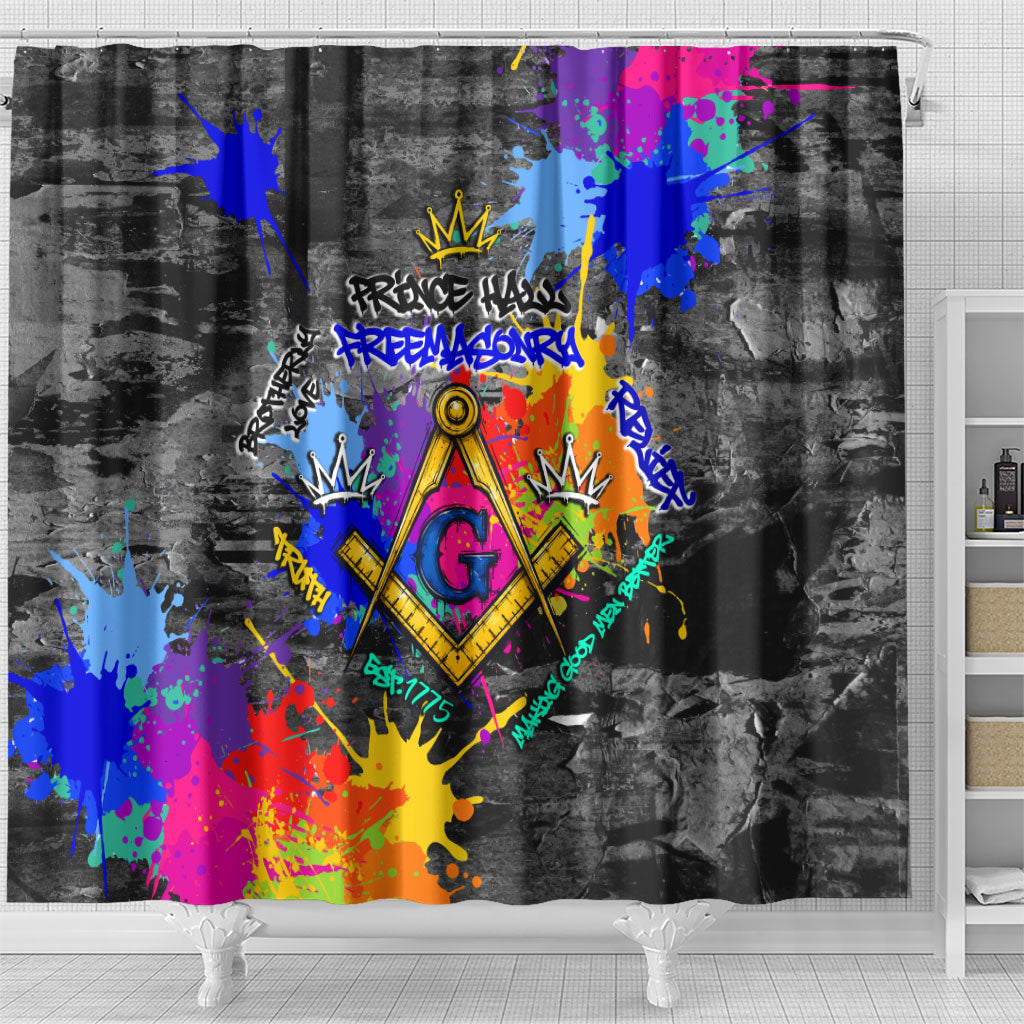Prince Hall Freemasonry Shower Curtain Colorful Graffiti Paint Splatter On Urban Stone Wall