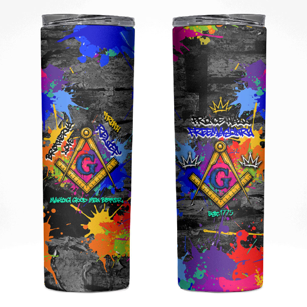 Prince Hall Freemasonry Skinny Tumbler Colorful Graffiti Paint Splatter On Urban Stone Wall