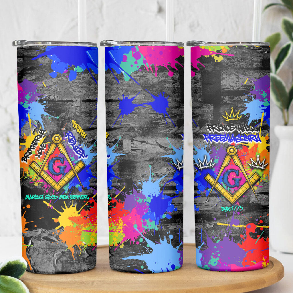 Prince Hall Freemasonry Skinny Tumbler Colorful Graffiti Paint Splatter On Urban Stone Wall