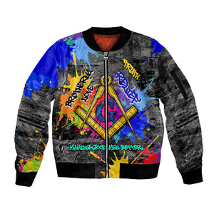 Prince Hall Freemasonry Sleeve Zip Bomber Jacket Colorful Graffiti Paint Splatter On Urban Stone Wall