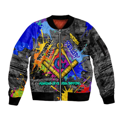 Prince Hall Freemasonry Sleeve Zip Bomber Jacket Colorful Graffiti Paint Splatter On Urban Stone Wall