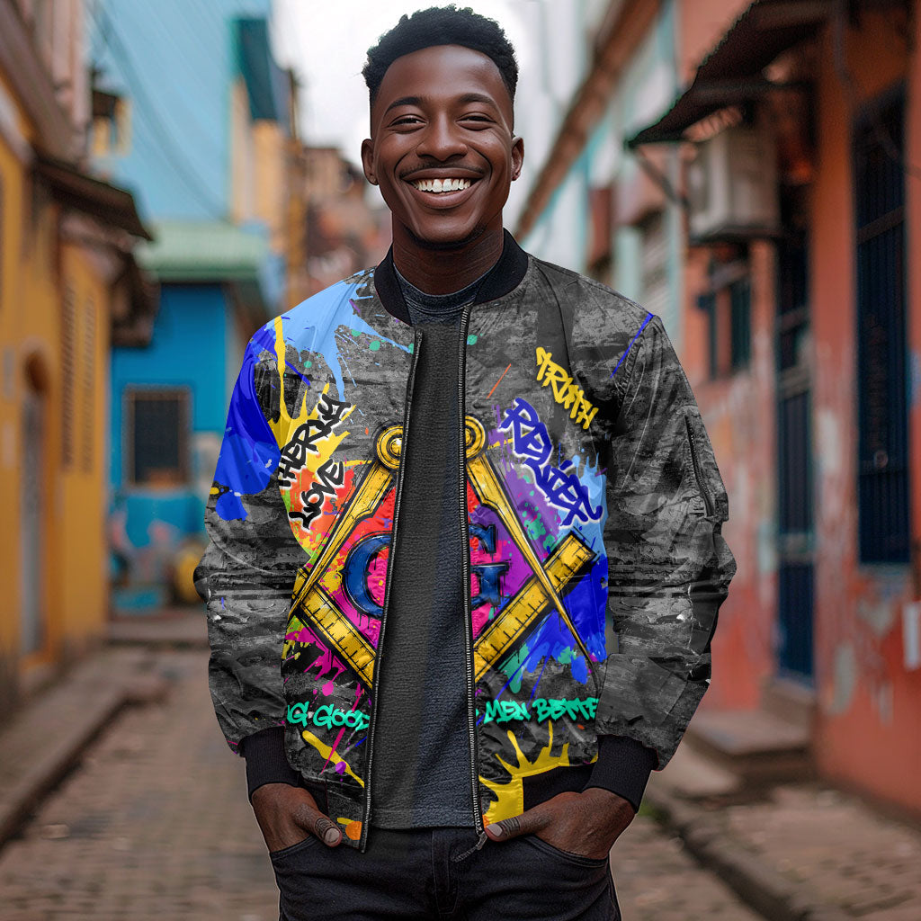 Prince Hall Freemasonry Sleeve Zip Bomber Jacket Colorful Graffiti Paint Splatter On Urban Stone Wall